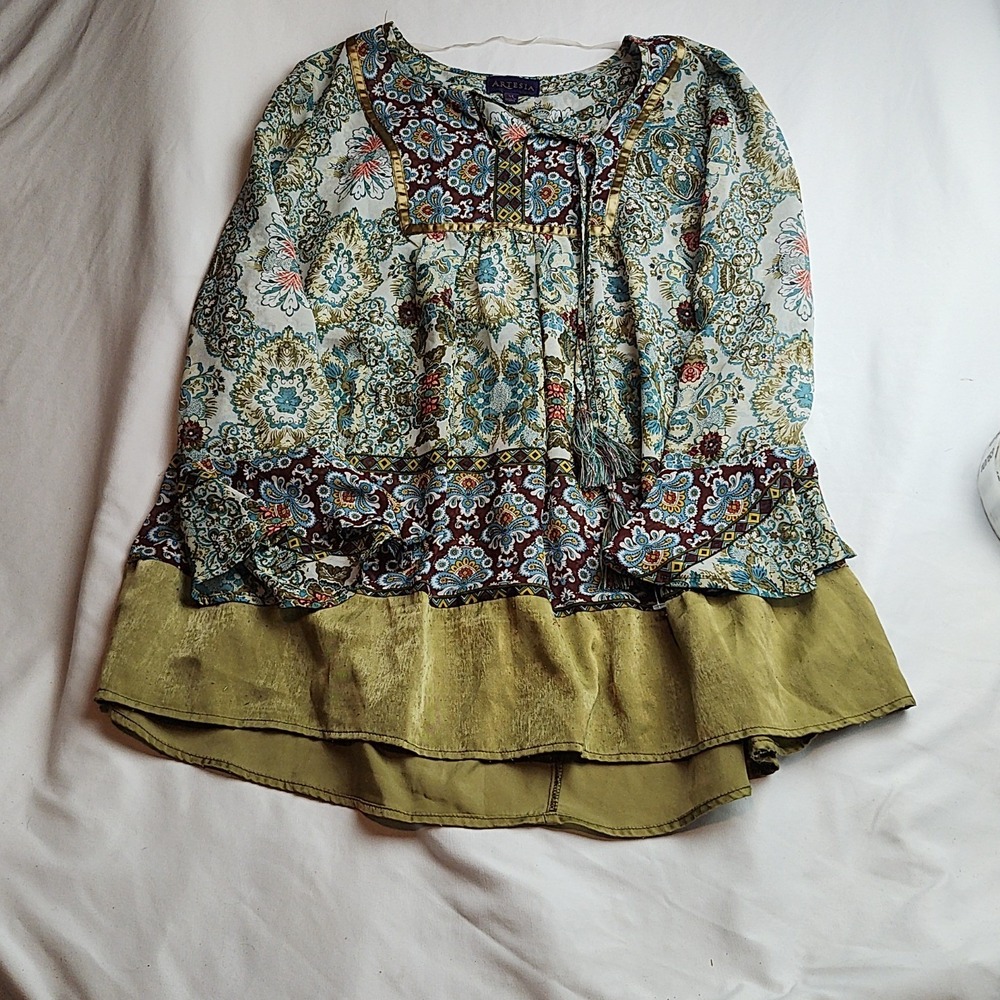 Artesia Boho Blouse Paisley Floral Tassel Tie Olive Women's Size XL